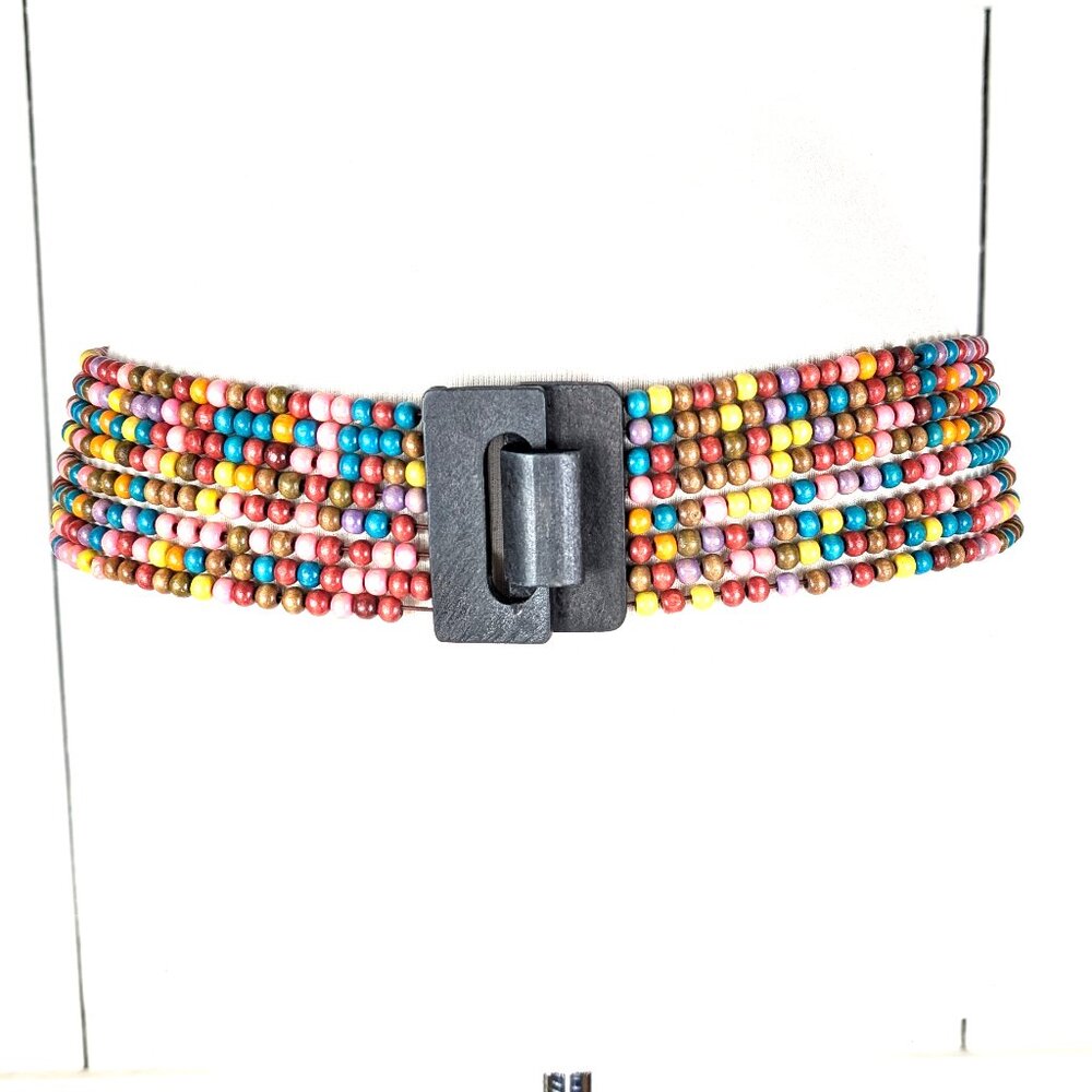 Multicolored beaded vintage wooden stretch belt